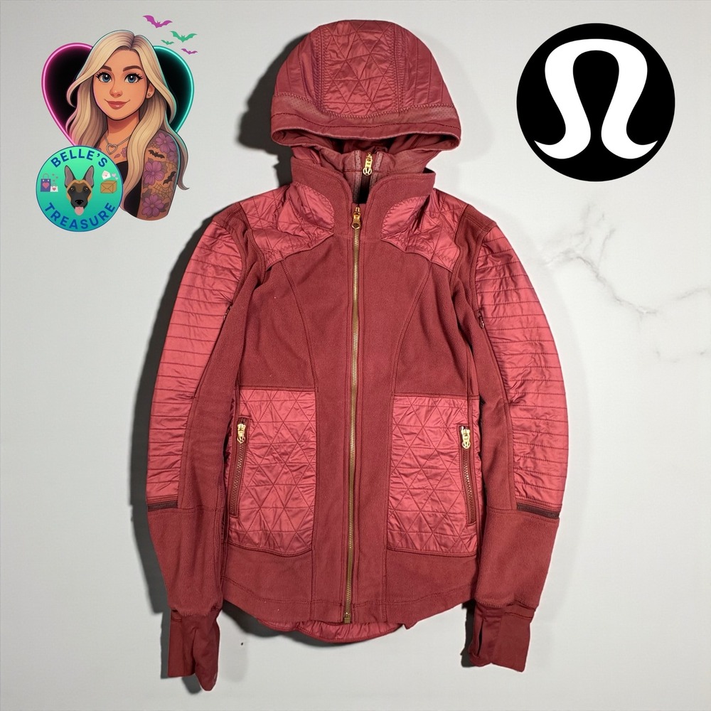 Lululemon‎ Fleecy Keen Wine Berry Red Women's 4 Double Gold Zip Quilted Hooded